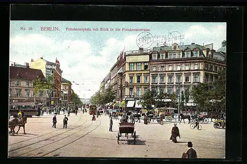AK Berlin, Potsdamerplatz und Potsdamerstrasse mit Geschäften und Strassenbahn