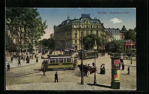 AK Berlin-Tiergarten, Strassenbahnen und Litfasssäule am Potsdamer Platz