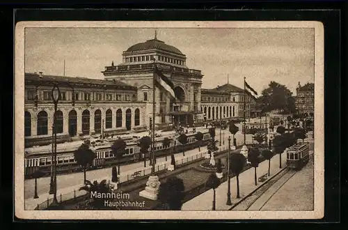 AK Mannheim, Hauptbahnhof mit Strassenbahn