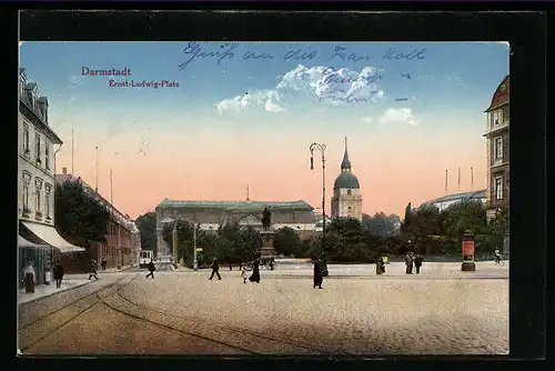AK Darmstadt, Strassenbahn am Ernst-Ludwig-Platz