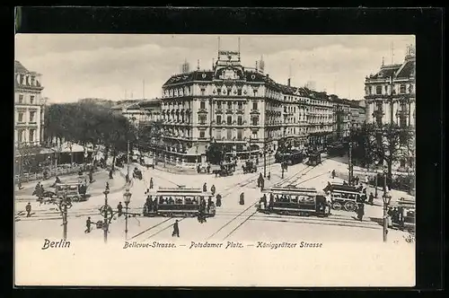 AK Berlin, Bellevue-Strasse, Potsdamerplatz und Königgrätzer Strasse mit Strassenbahnen