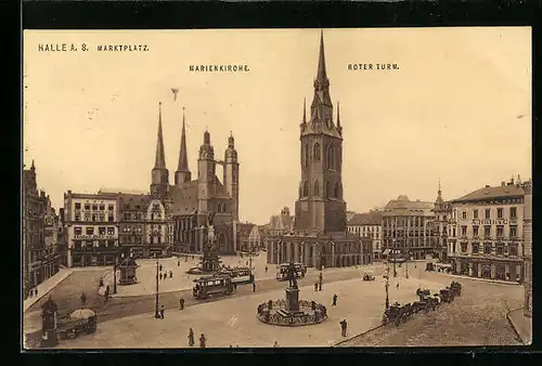 AK Halle a. S., Marktplatz mit Marienkirche, Rotem Turm und Strassenbahn