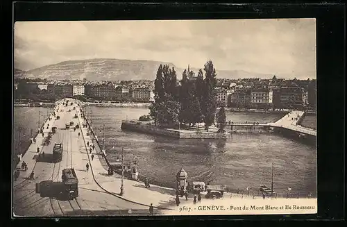 AK Genève, Pont du Mont Blanc et Ile Rousseau, Strassenbahn