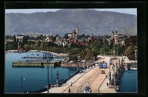 AK Zürich, Quaibrücke mit Strassenbahn, Enge und Honhalle