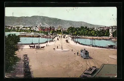 AK Zürich, Quaibrücke mit Strassenbahn