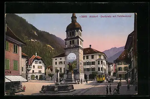 AK Altdorf, Dorfplatz mit Telldenkmal, Strassenbahn