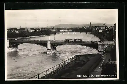 AK Bâle, Les trois ponts du Rhein, Strassenbahn