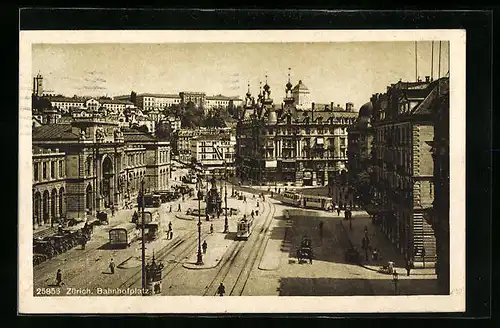 AK Zürich, Bahnhofplatz mit Strassenbahn