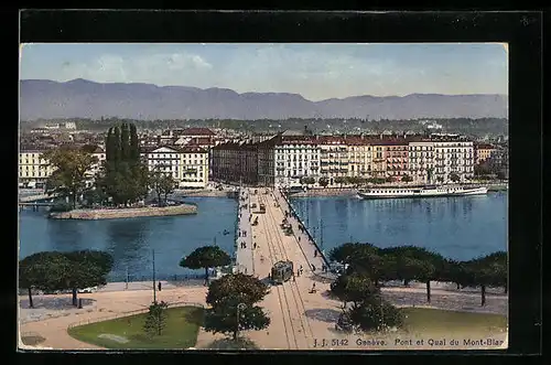 AK Genève, Pont et Quai du Mont-Blanc, Strassenbahn