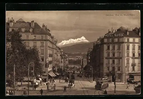 AK Genève, Rue du Mont-Blanc, Strassenbahn