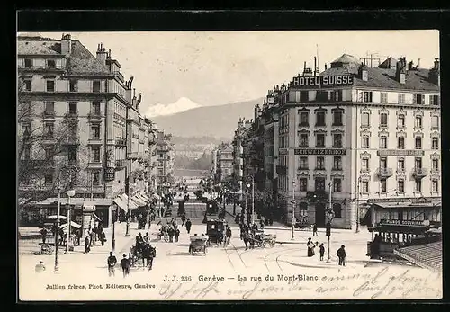AK Genève, La Rue du Mont-Blanc, Strassenpartie mit Strassenbahn