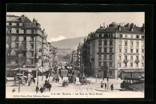 AK Genève, La Rue du Mont-Blanc, Strassenpartie mit Strassenbahn