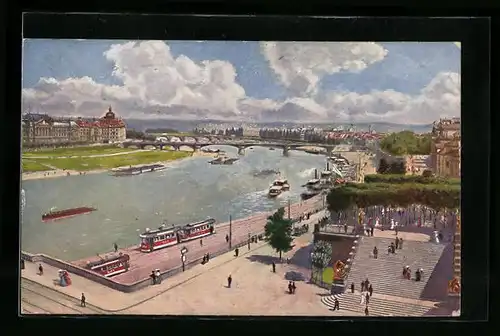 AK Dresden, Gasthaus Brühl`sche Terrasse, Ministerien und Elbeblick mit Strassenbahn