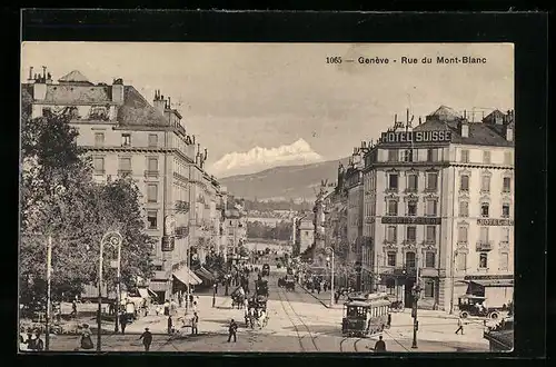 AK Genève, Rue du Mont-Blanc, Strassenpartie mit Strassenbahn