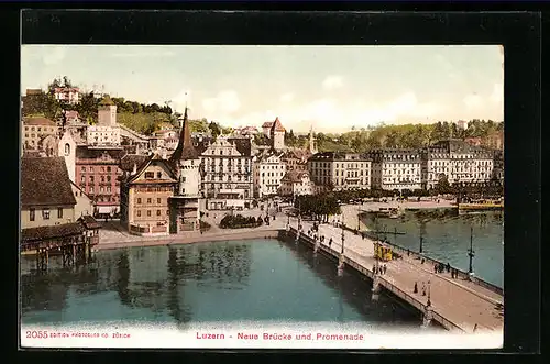 AK Luzern, Promenade und Neue Brücke mit Strassenbahn