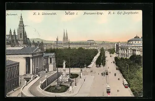 AK Wien, Franzens-Ring mit Hof-Burgtheater, Strassenbahnen