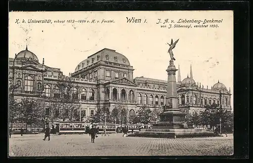 AK Wien, K. k. Universität und J. A. v. Liebenberg-Denkmal mit Strassenbahn