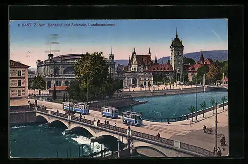 AK Zürich, Strassenbahn auf der Bahnhofbrücke mit Blick zum Bahnhof