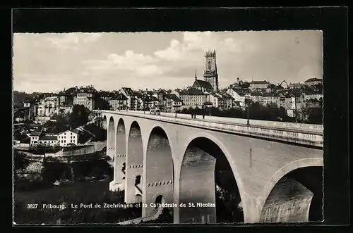 AK Fribourg, Le Pont de Zaehringen et la Cathédrale de St. Nicolas, Strassenbahn