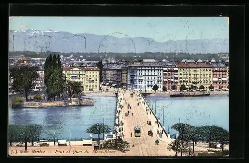 AK Genève, Pont et Quai du Mont-Blanc, Strassenbahn