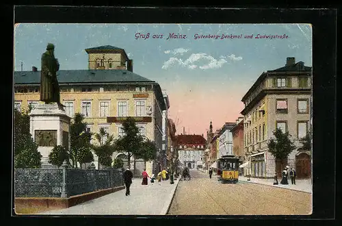 AK Mainz, Gutenberg-Denkmal und Ludwigstrasse