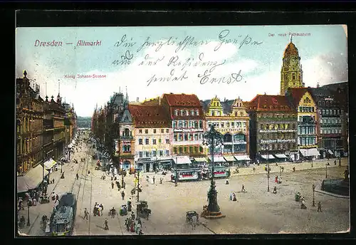 AK Dresden, König Johann-Strasse mit Geschäften, Strassenbahn und neuem Rathausturm am Altmarkt