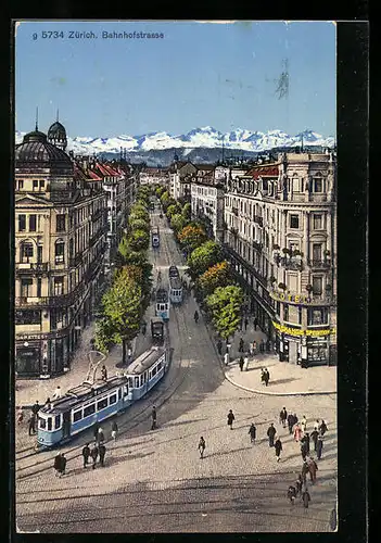 AK Zürich, Bahnhofstrasse mit Hotel und Strassenbahn