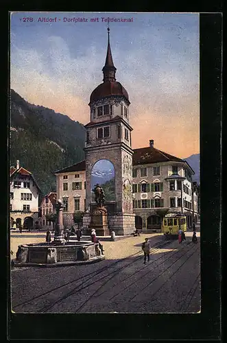 AK Altdorf, Dorfplatz mit Teildenkmal und Strassenbahn