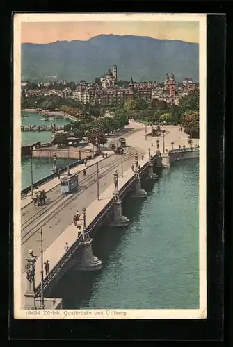 AK Zürich, Strassenbahn auf der Quaibrücke