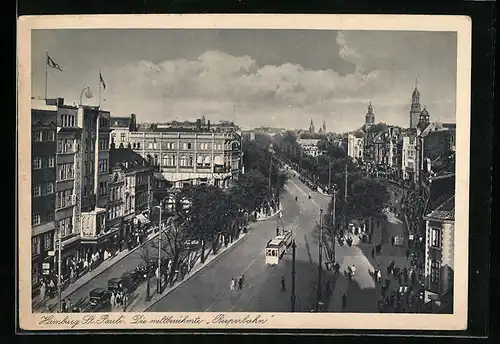 AK Hamburg-St. Pauli, Blick auf die Reeperbahn, Strassenbahn