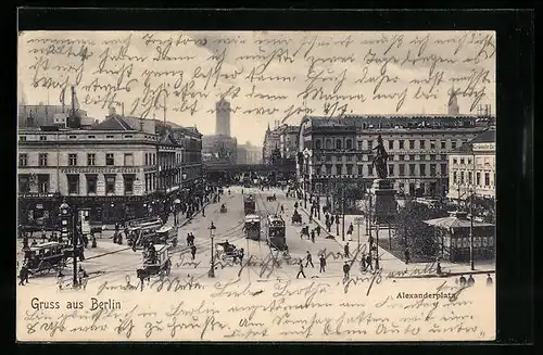 AK Berlin, Alexanderplatz mit Strassenbahnen aus der Vogelschau