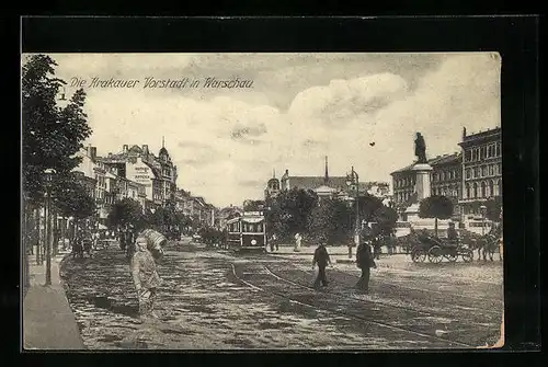 AK Krakau, Warschauer Vorstadt mit Strassenbahn und Denkmal