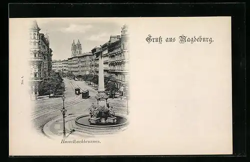 AK Magdeburg, Hasselbachbrunnen mit Strassenbahnen aus der Vogelschau