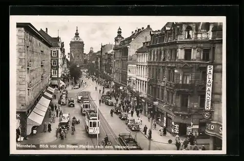 AK Mannheim, Blick von dem Neuen Planken nach dem Wasserturm mit Strassenbahn