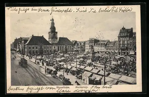 AK Mannheim, Marktplatz mit Ständen und Strassenbahn