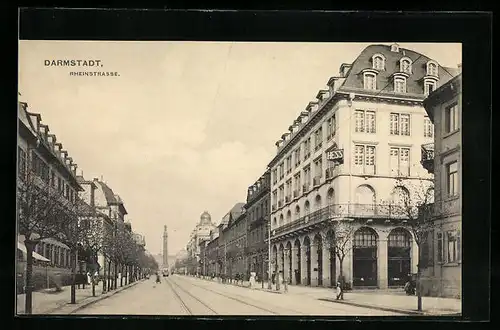 AK Darmstadt, Rheinstrasse mit Strassenbahn und Turm