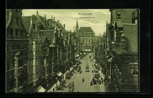 AK Augsburg, Carolinenstrasse mit Strassenbahn aus der Vogelschau