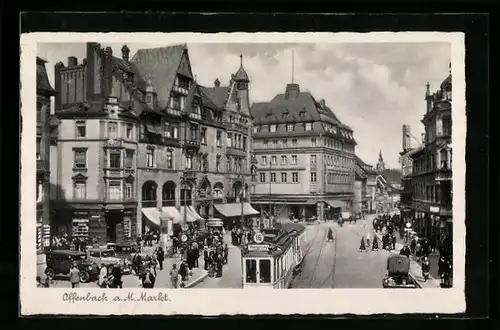 AK Offenbach, Marktplatz mit Strassenbahn und Geschäften