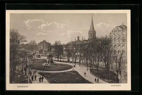 AK Karlsruhe, Kaiserplatz mit Anlagen und Strassenbahn