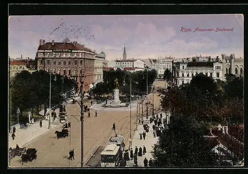 AK Riga, Alexander-Boulevard mit Strassenbahn