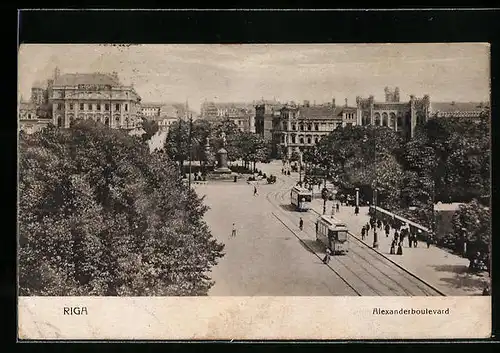 AK Riga, Der Alexanderboulevard mit Strassenbahn aus der Vogelschau