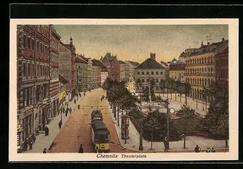 AK Chemnitz, Der Theaterplatz mit Strassenbahn