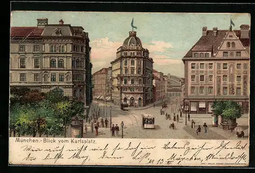 Lithographie München, Strassenbahn auf dem Karlsplatz