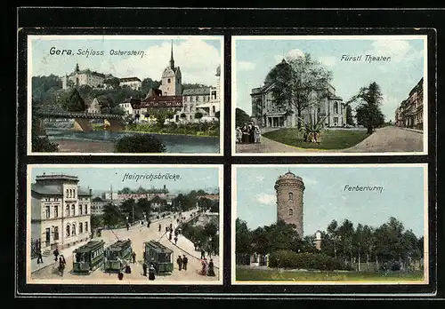 AK Gera, Schloss Osterstein, Heinrichsbrücke mit Strassenbahnen und Ferberturm