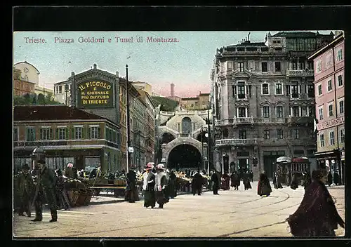 AK Trieste, Piazza Goldoni e Tunel di Montuzza, Strassenbahn