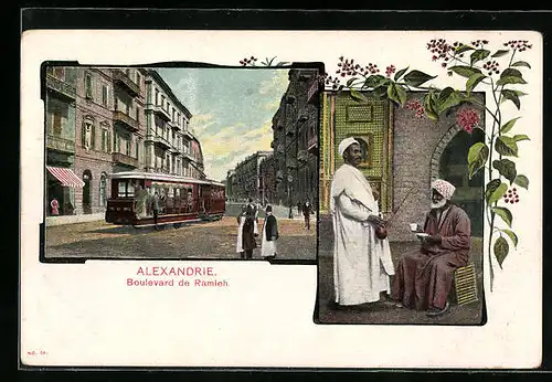 AK Alexandrie, Boulevard de Ramleh, Strassenbahn