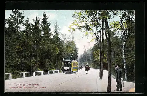 AK Leipzig-Connewitz, Strassenbahn an der Chaussee nach Gautzsch