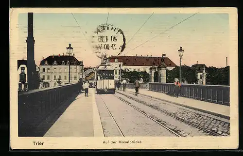 AK Trier, Strassenbahn auf der Moselbrücke