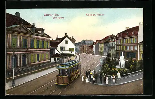 AK Colmar /Els., Eine Strassenbahn am Salmenplatz