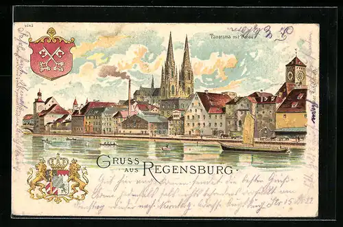 Lithographie Regensburg, Wappen, Blick nach dem Dom